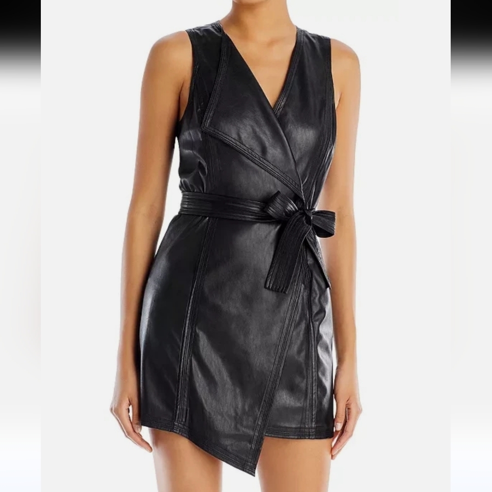 BCBGMAXAZRIA Layla Faux Leather/Ponte Sheath Stretch Sleeveless Wrap Mini Dress